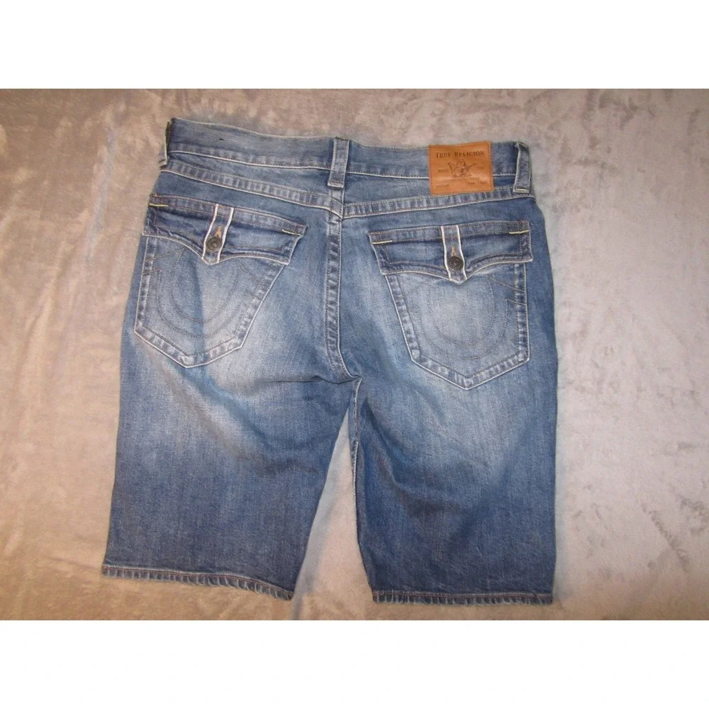 True Religion Mens Ricky Flap‎ Denim Shorts Medium Wash Blue Size 34 Horseshoe